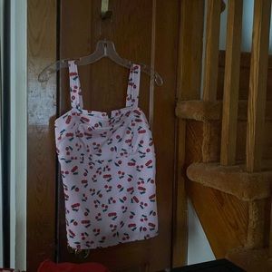 Women Vintage Cherries Print Tops Wide Straps Smocked Back Slim Fit Tank Top